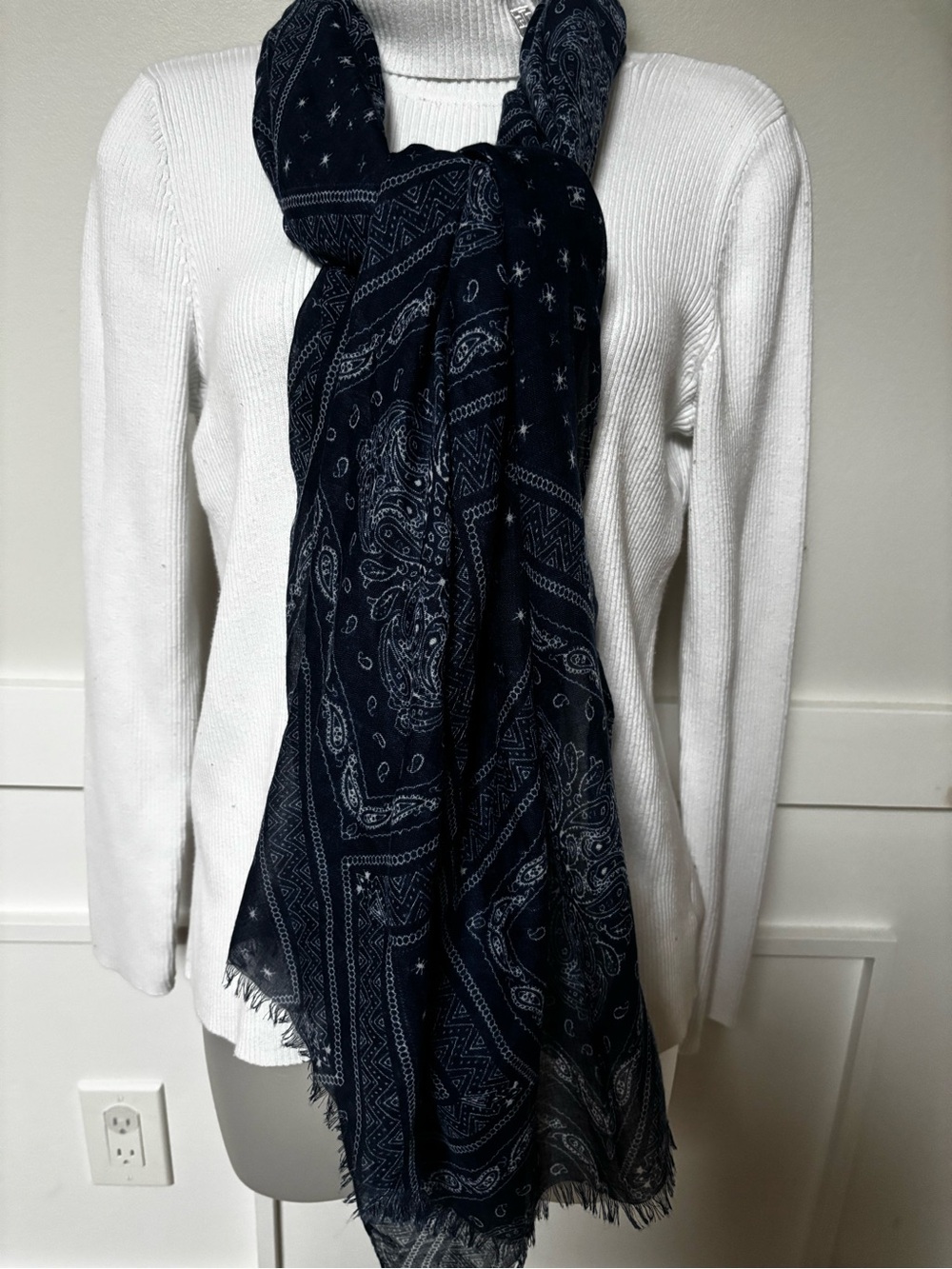 lightweight, sheer bandana-style patchwork scarf with eyelash fringe detailing
